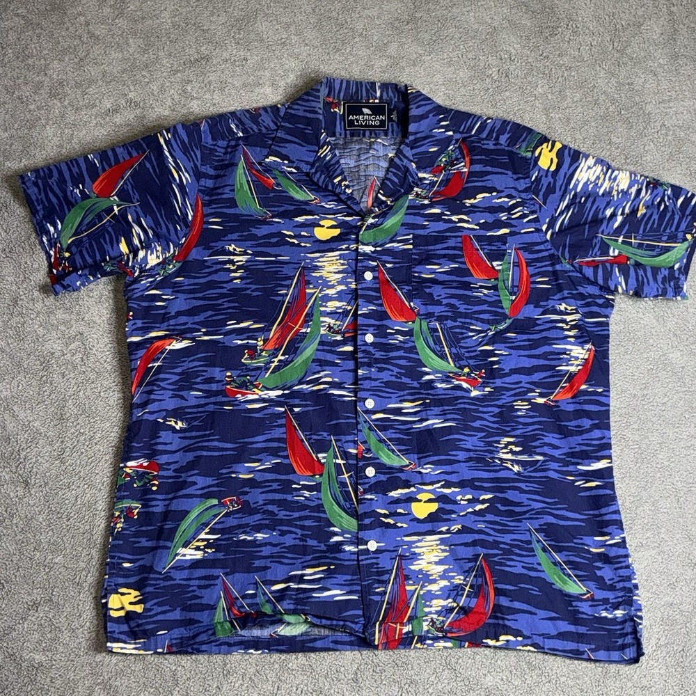 American Living Mens Hawaiian L Shirt‎ Sailing Blue Button Up